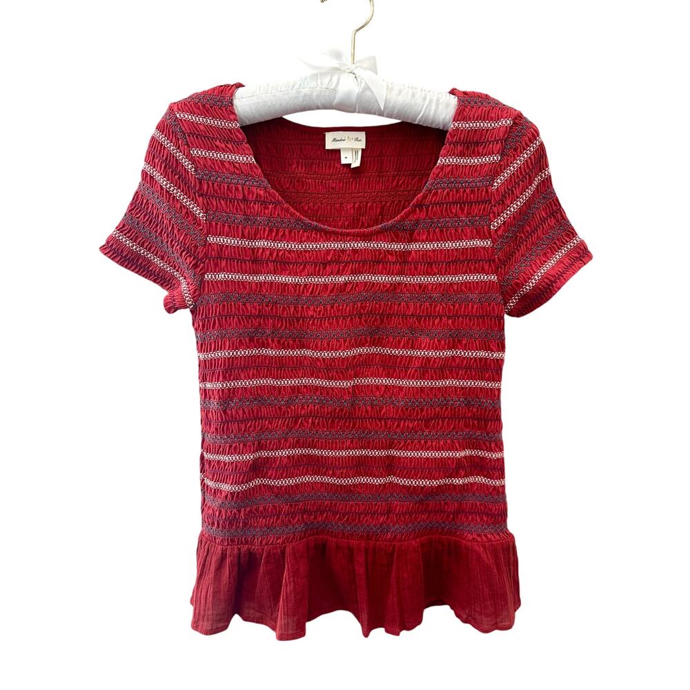 ANTHROPOLOGIE Meadow Rue Smocked Peplum Top Red Textured Stretch Blouse Medium
